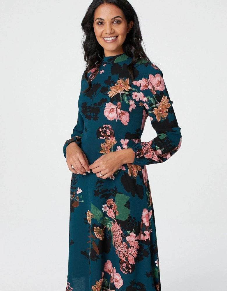 Floral High Neck Midi Dress