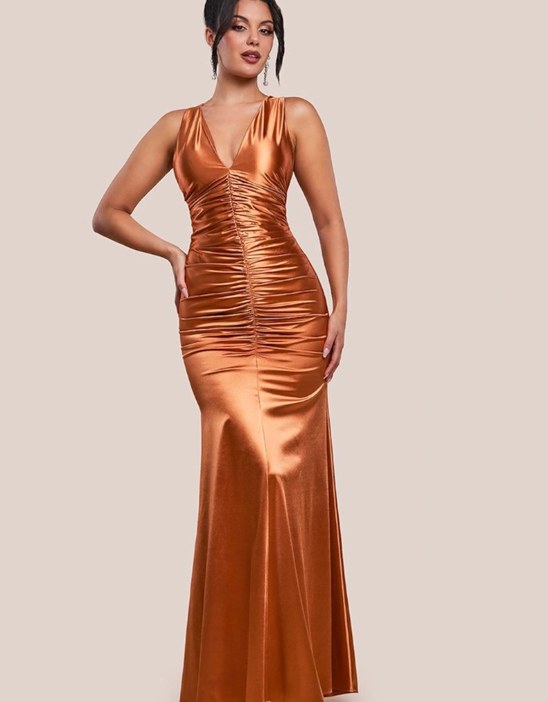Multi Tied Satin Gathered Ring Maxi Dress