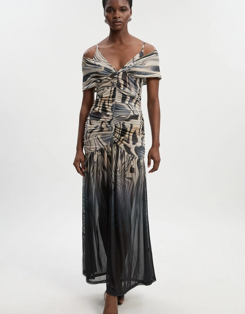 Marble Print Mesh Plunge Strappy Detail Maxi Dress