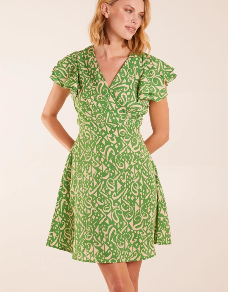 Aztec Wrap Ruffle Frill Sleeve Mini Dress
