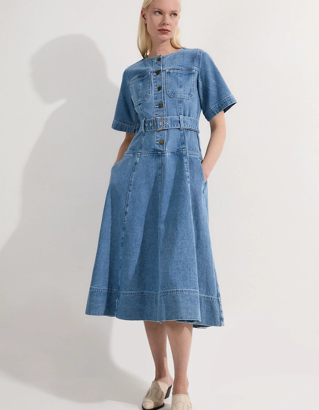 Denim Soft Wash Short Sleeve Belted Midi Dress, 2 of 1