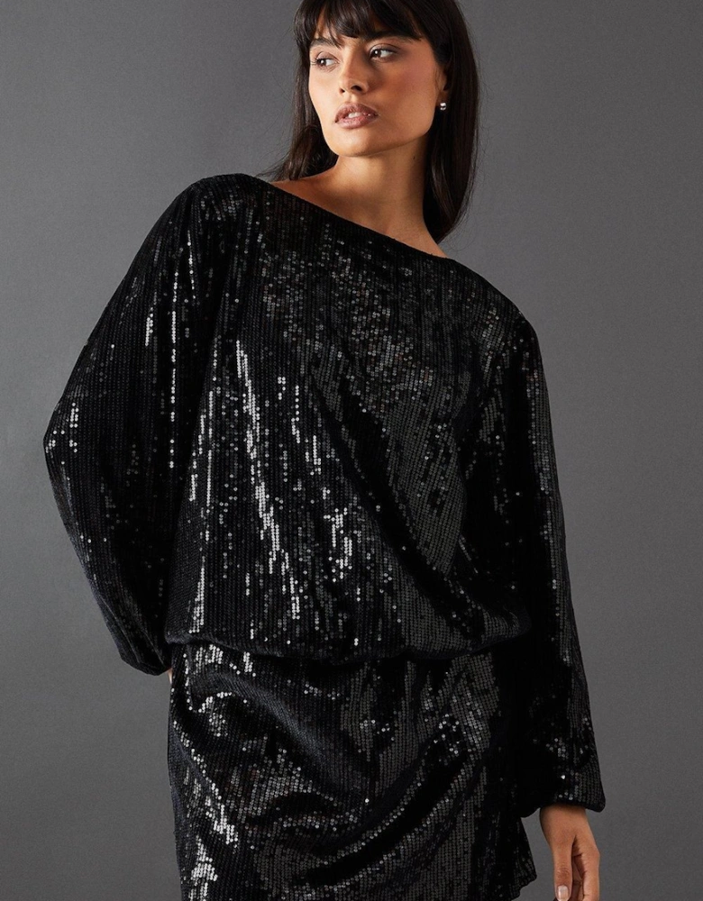Velvet Sequin Blouson Long Sleeve Mini Dress