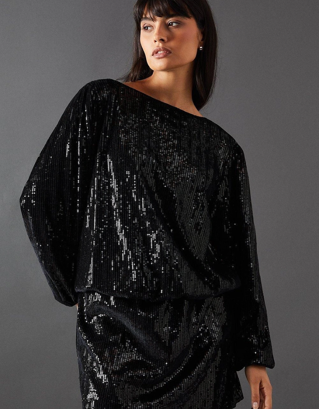 Velvet Sequin Blouson Long Sleeve Mini Dress, 2 of 1