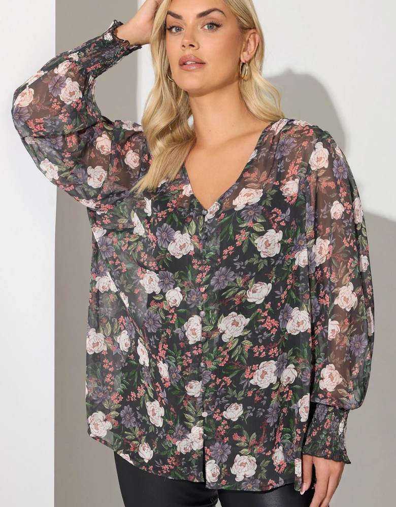 Floral Shirred Cuff Blouse