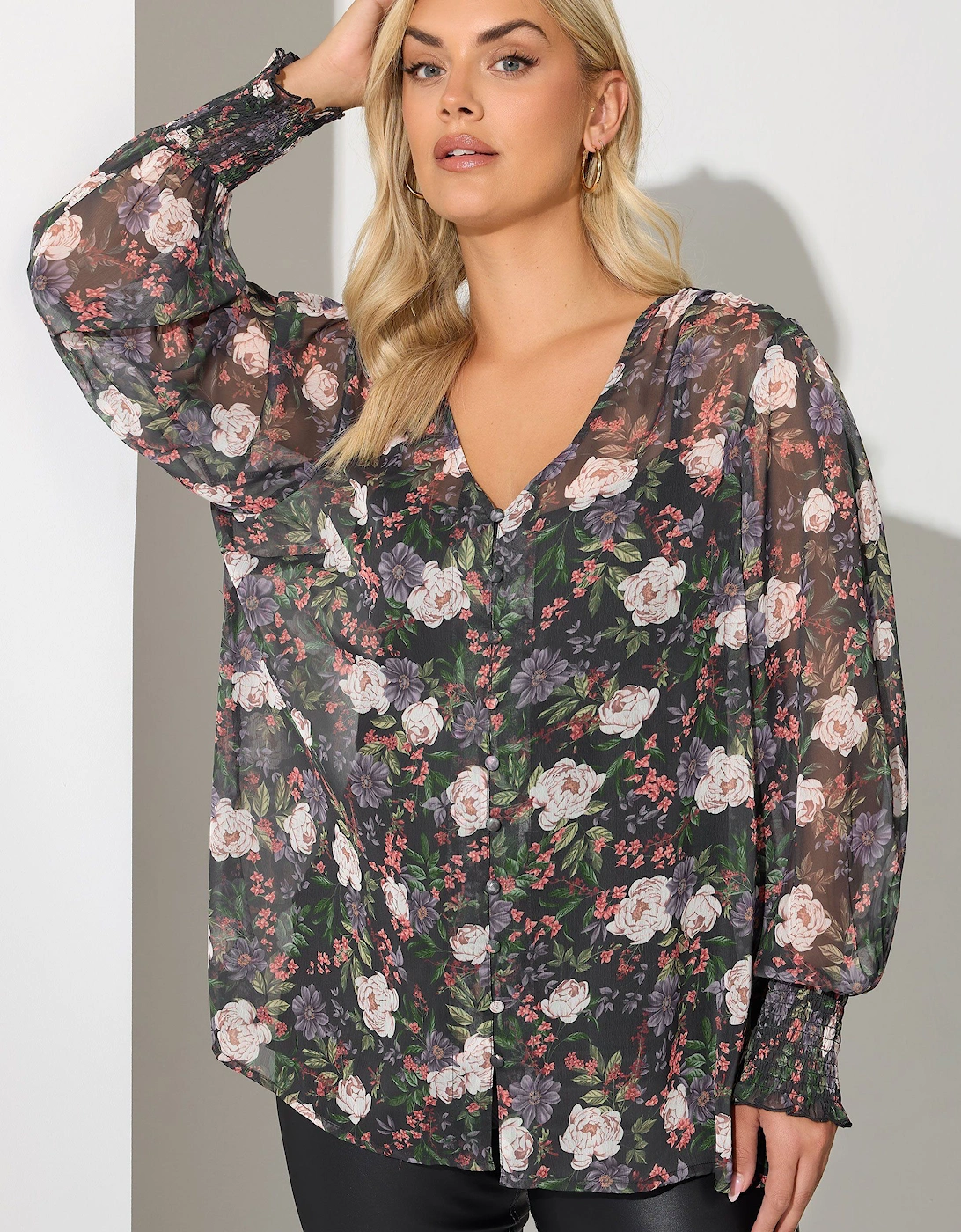 Floral Shirred Cuff Blouse, 2 of 1
