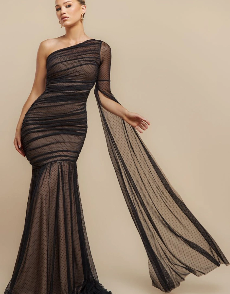 Gathered One Sleeve Angel Wing Mermaid Maxi Dress