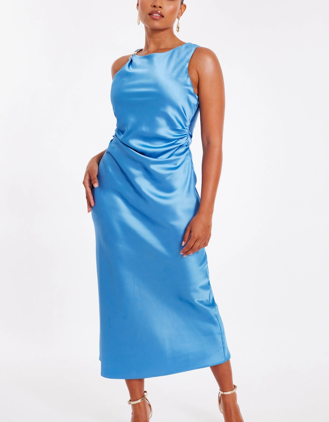 Blue Petite Satin Ruched Midaxi Dress, 2 of 1