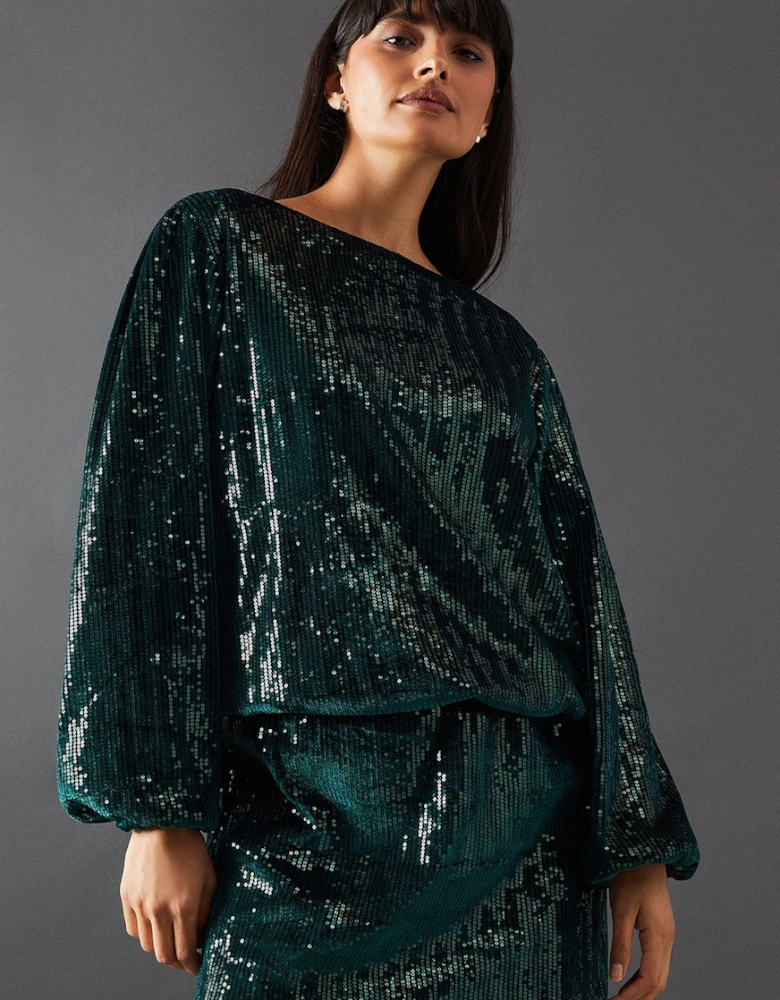 Velvet Sequin Blouson Long Sleeve Mini Dress