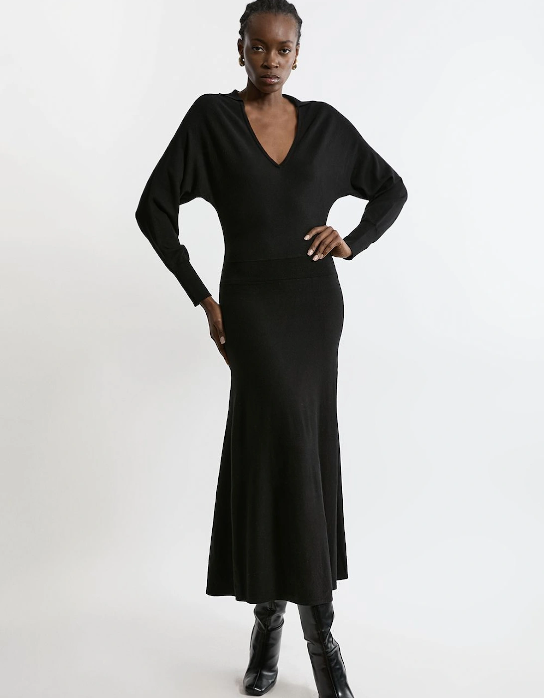 Viscose Blend Collared Bat Wing Knitted Midi Dress, 2 of 1