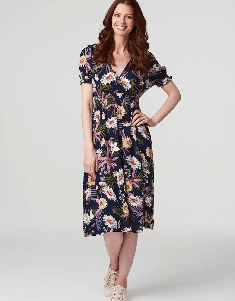 Floral Shirred Detail Midi Dress