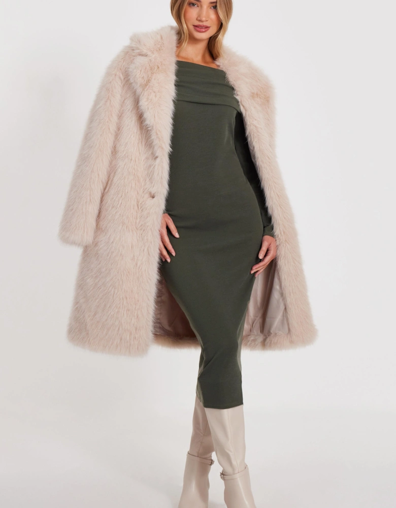 Khaki Ribbed Bardot Midi Dress