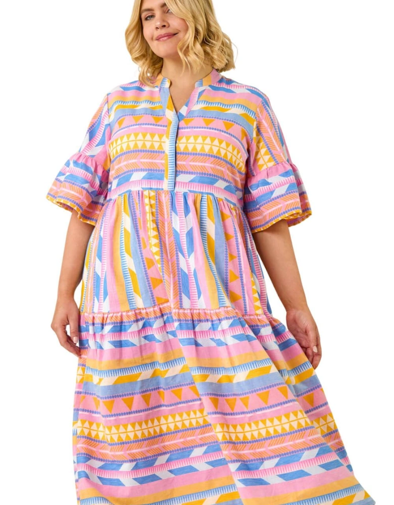 Curve Stripe Print Boho Tiered Dress
