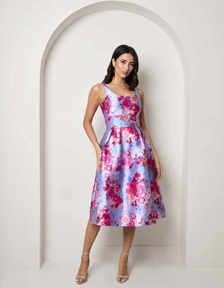 Sleeveless Floral Fit and Flare Midi Dress in Blue