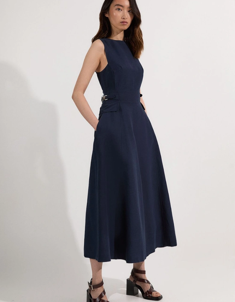 Premium Linen Tab Waist Detail Full Skirt Tailored Midi Dress