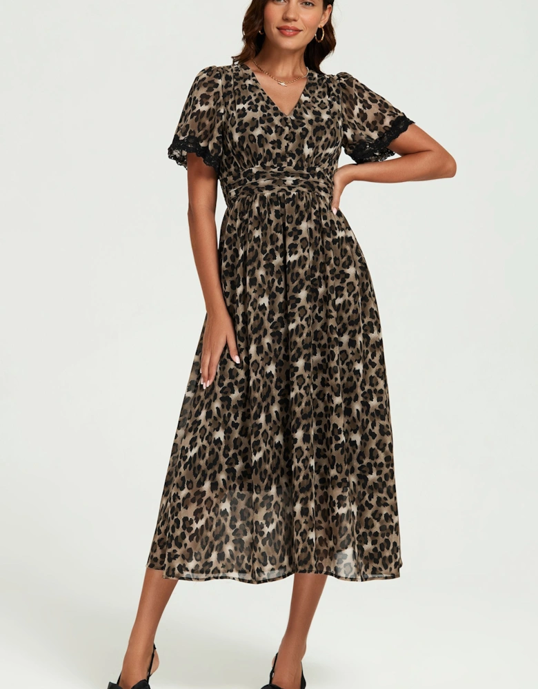 Leopard Print Lace Trim On Sleeve Midi Dress In Brown