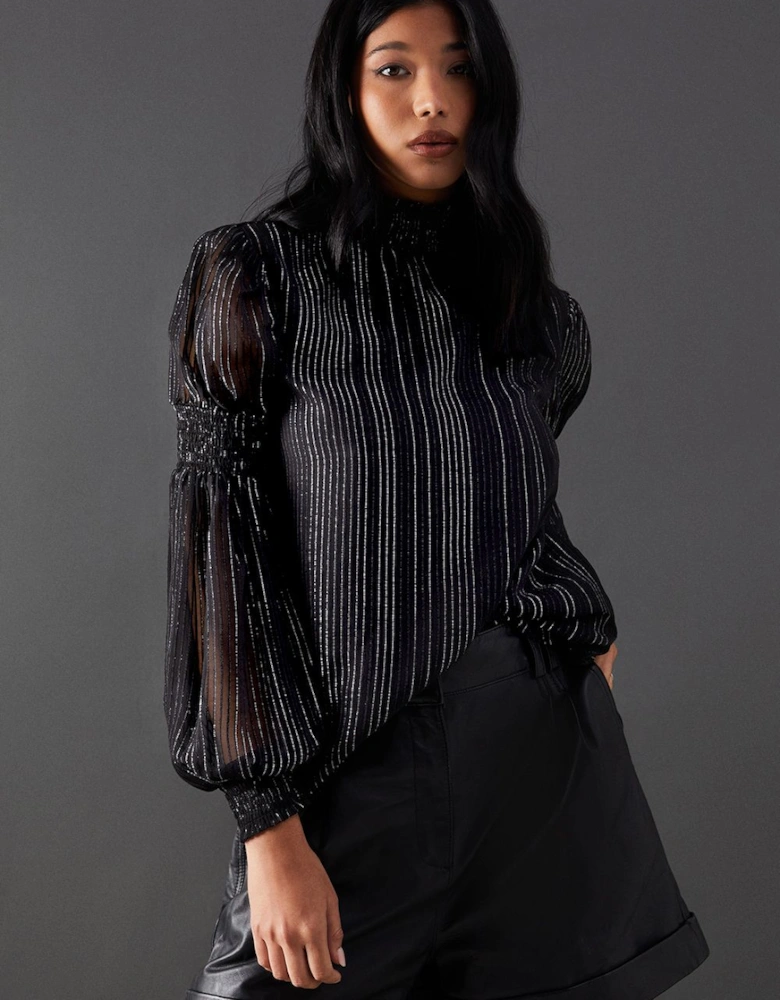 Metallic Stripe High Neck Blouse