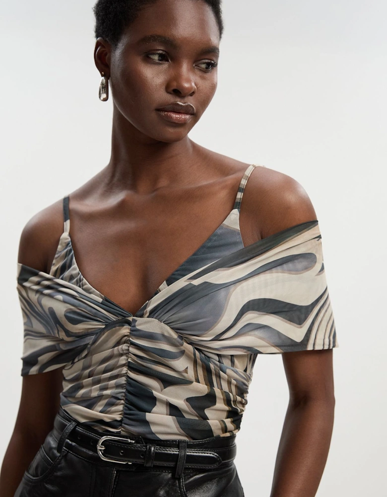 Marble Print Mesh Plunge Strappy Detail Bodysuit
