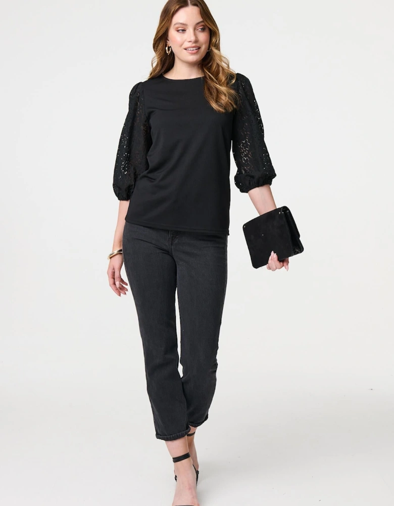 Floral Lace 3/4 Puff Sleeve Blouse