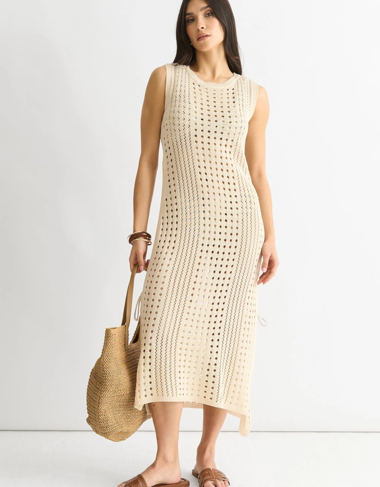 Beige Crochet Knit Bodycon Midi Dress