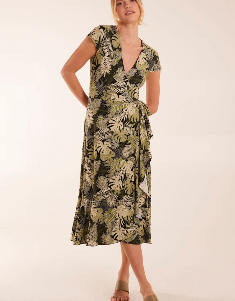 Tropical Print Wrap Front Midi Dress