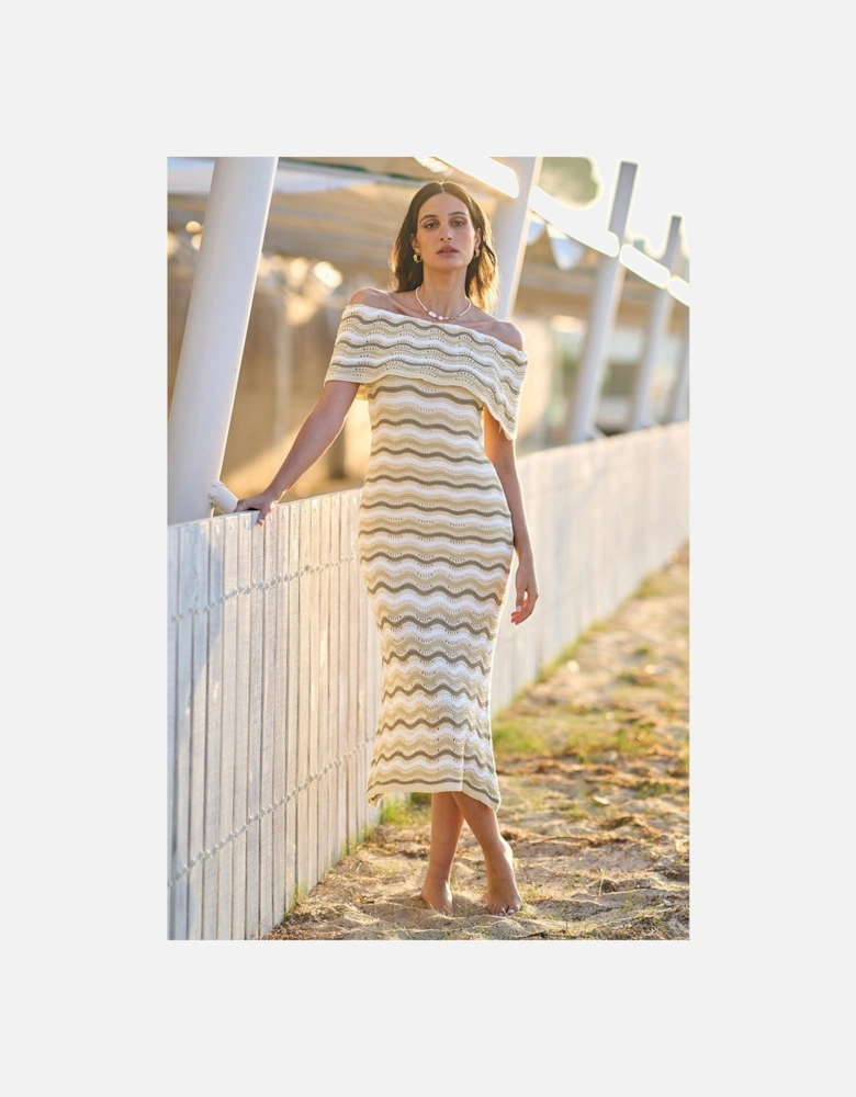 Beige Stripe Crochet Knit Bardot Midi Dress