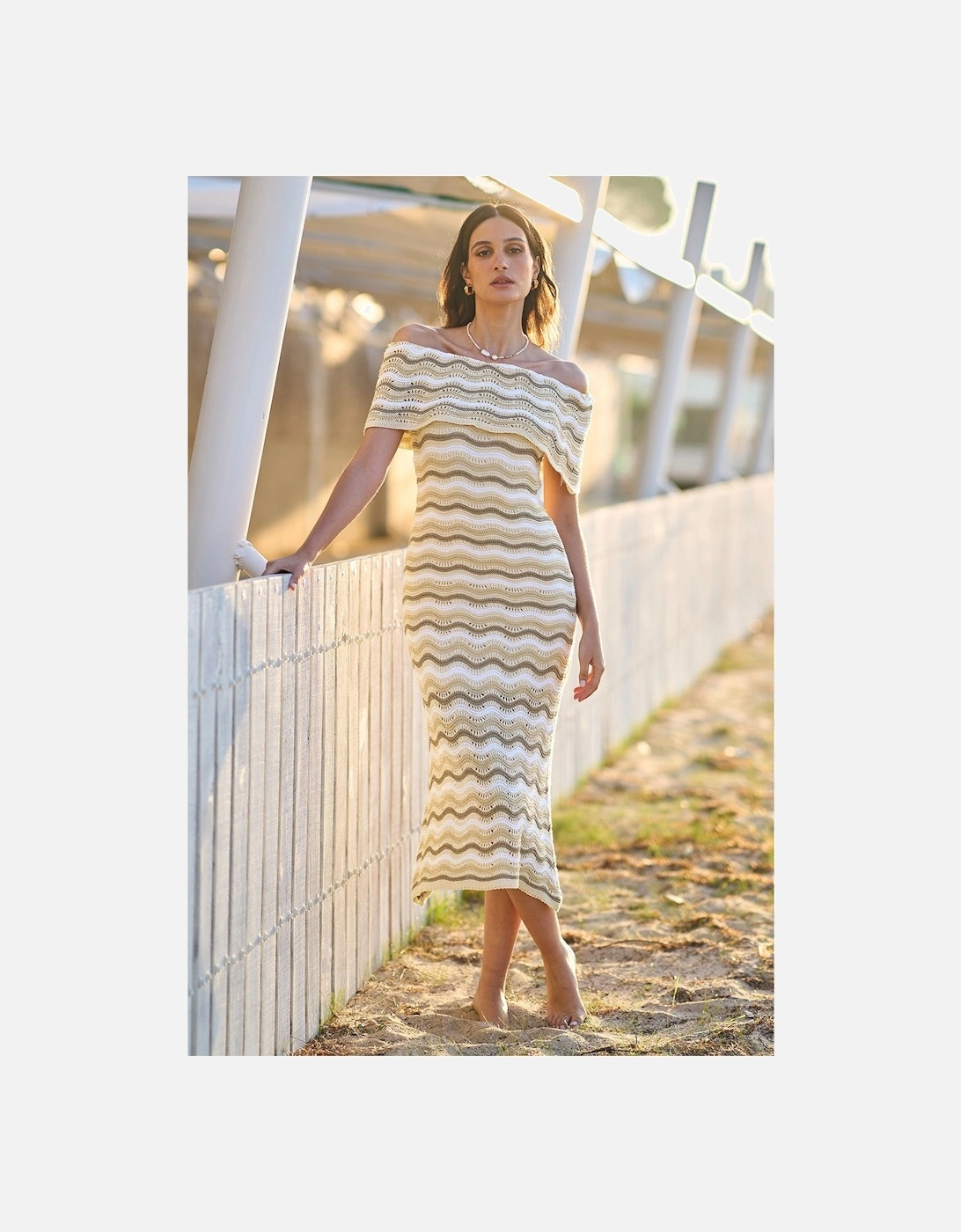Beige Stripe Crochet Knit Bardot Midi Dress, 2 of 1