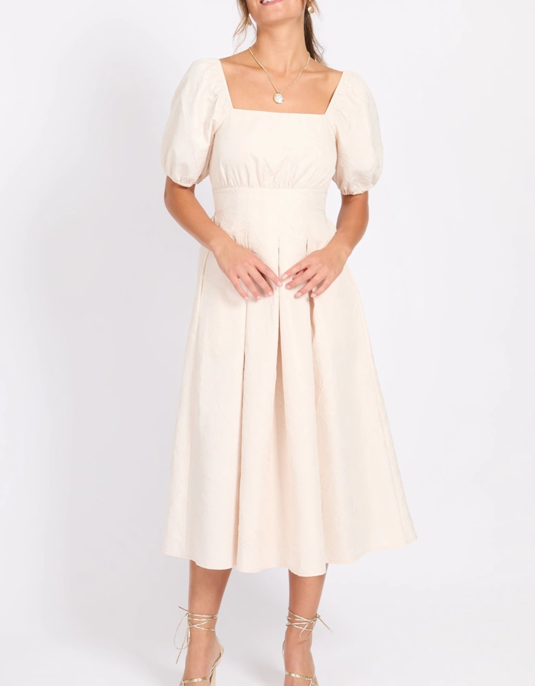 Cream Leaf Texture Midaxi Dress