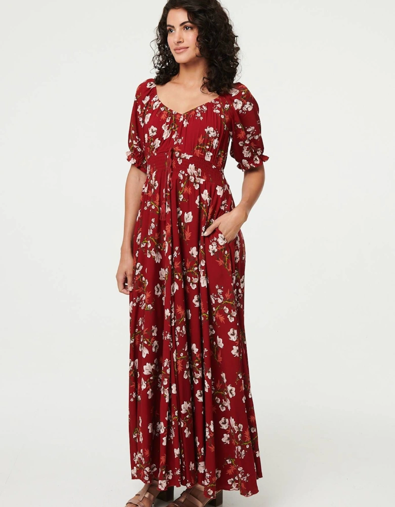 Floral Bardot Shirred Empire Maxi Dress