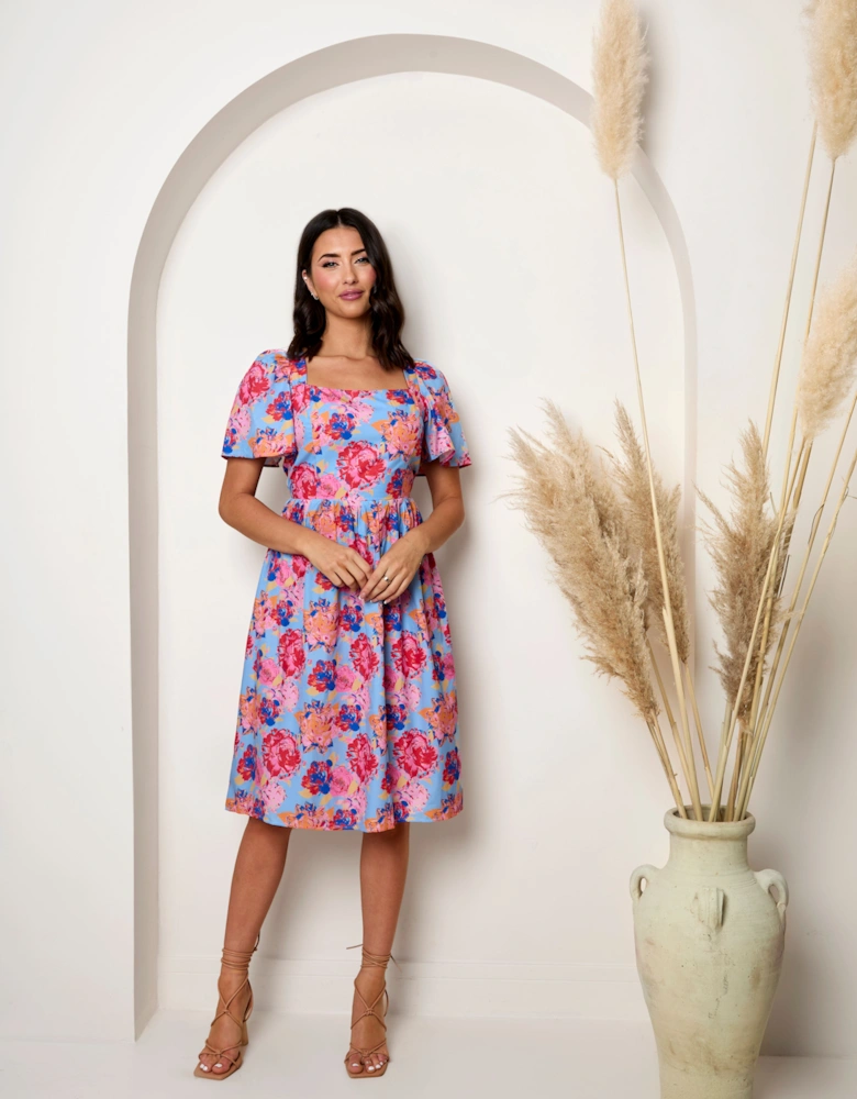 Square Neck Floral Midi Dress in Blue