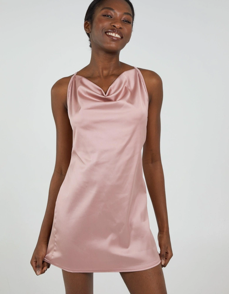 Satin Cowl Neck Mini Dress