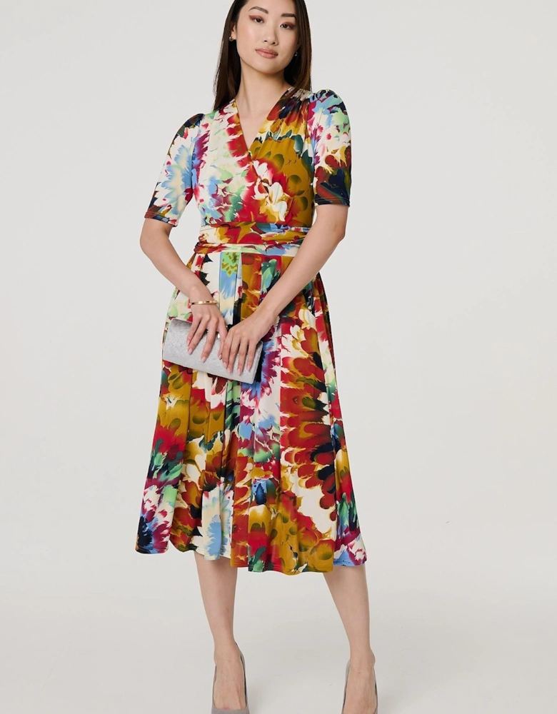 Floral 1/2 Sleeve Midi Faux Wrap Dress