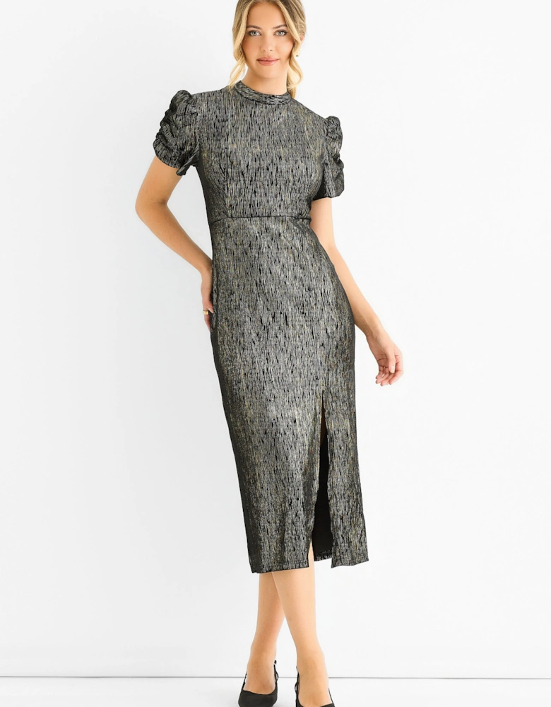 Black Foil Velour Midi Dress