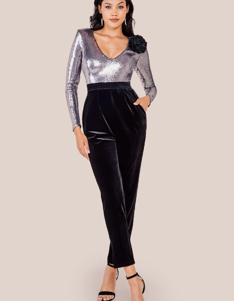 Liquid Sequin Jumpsuit With Corsage