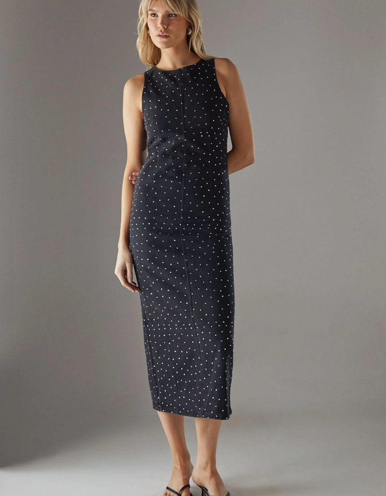 Denim All Over Hot Fix Sleeveless Fitted Midi Dress