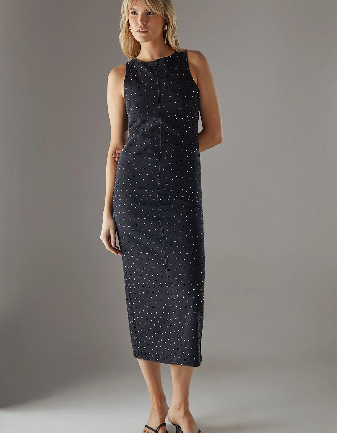 Denim All Over Hot Fix Sleeveless Fitted Midi Dress, 2 of 1
