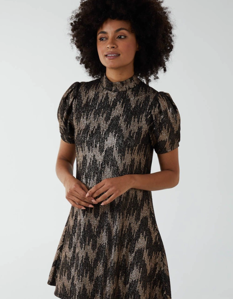 Foil Zig Zag Puff Sleeve Swing Dress