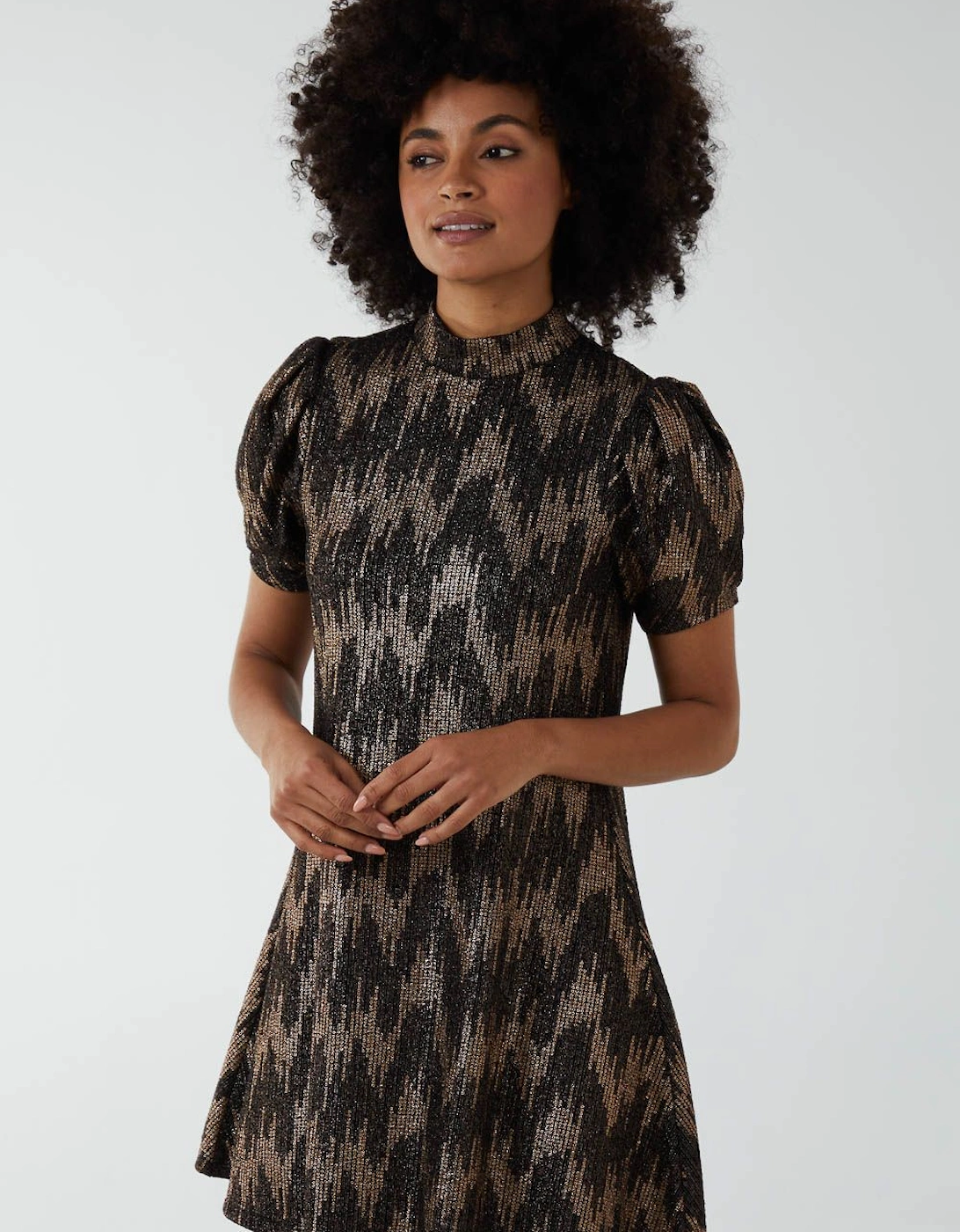 Foil Zig Zag Puff Sleeve Swing Dress, 2 of 1