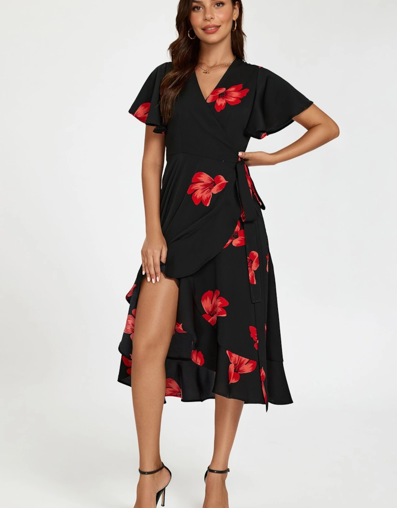 Floral Print Angel Sleeve Wrap Dress In Black