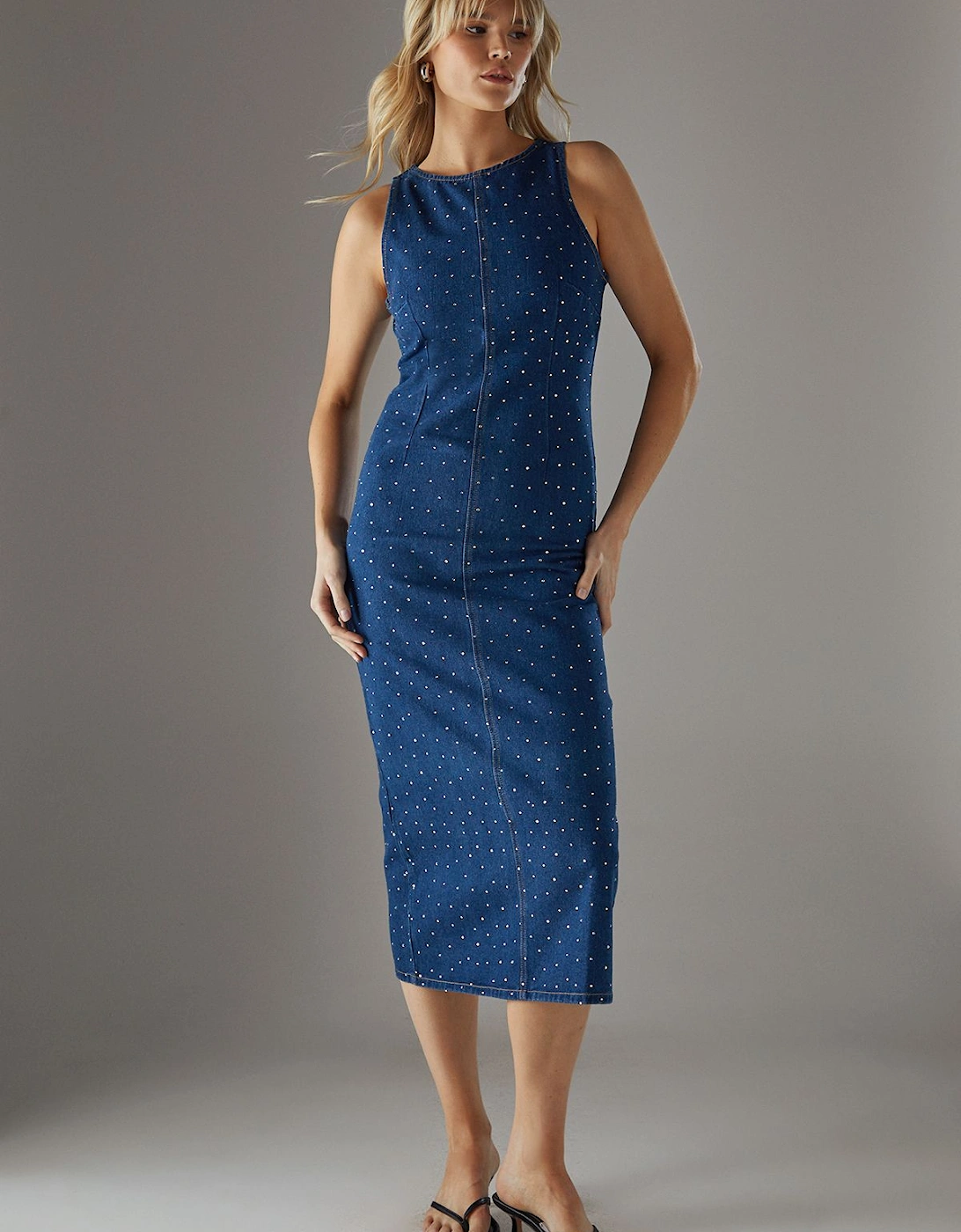 Denim All Over Hot Fix Sleeveless Fitted Midi Dress, 2 of 1