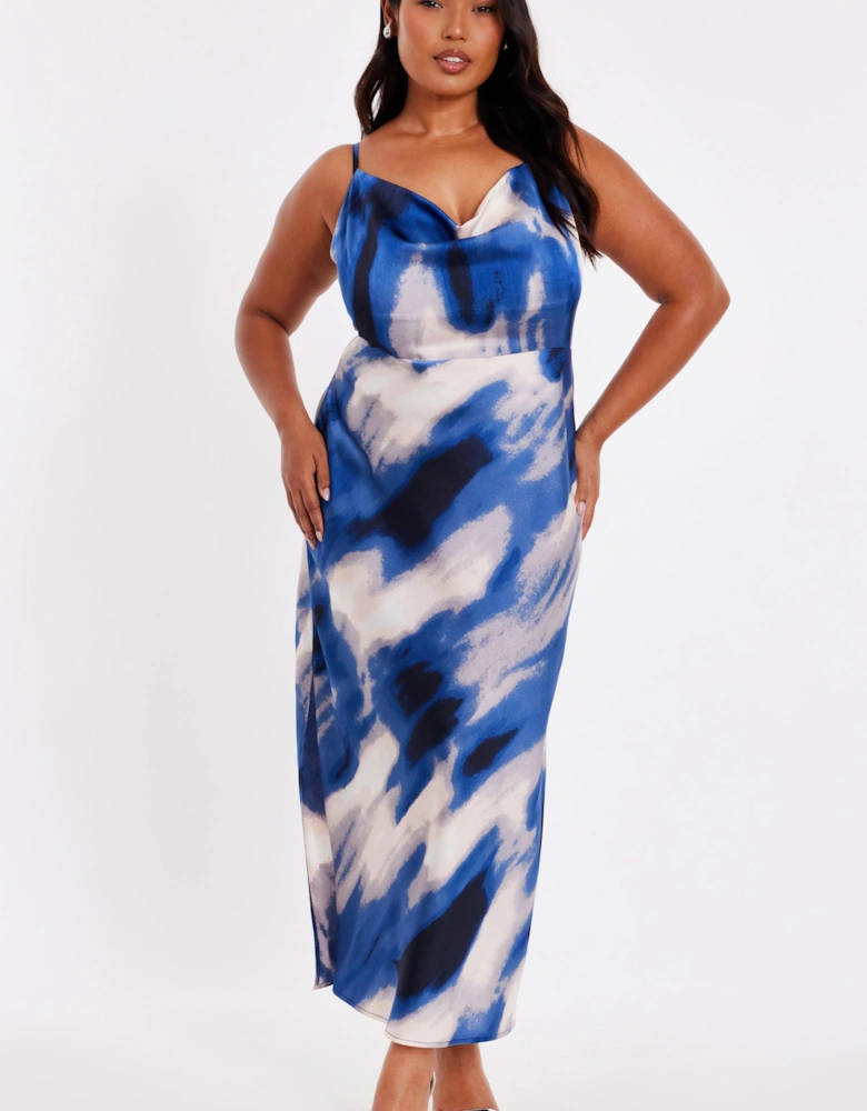 Blue Curve Satin Marble Midaxi Dress