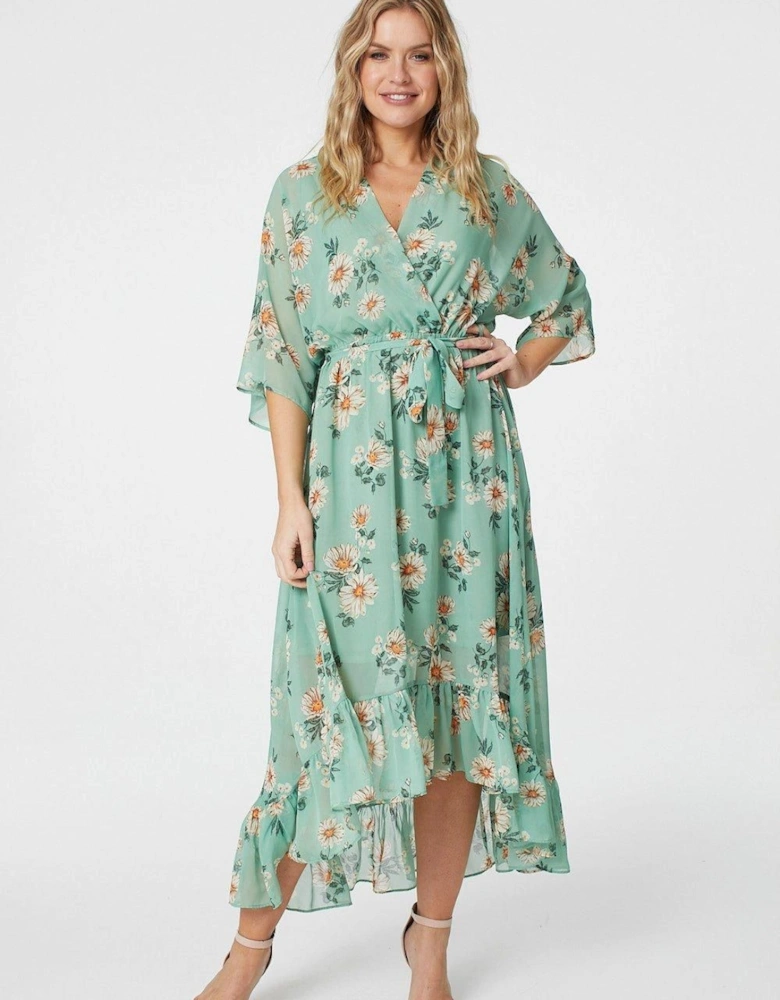 Floral 3/4 Sleeve Midi Wrap Dress