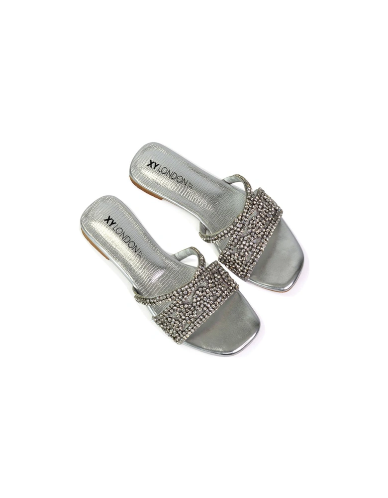 'Kingsley' Embellished Diamante Flat Slip On Sliders