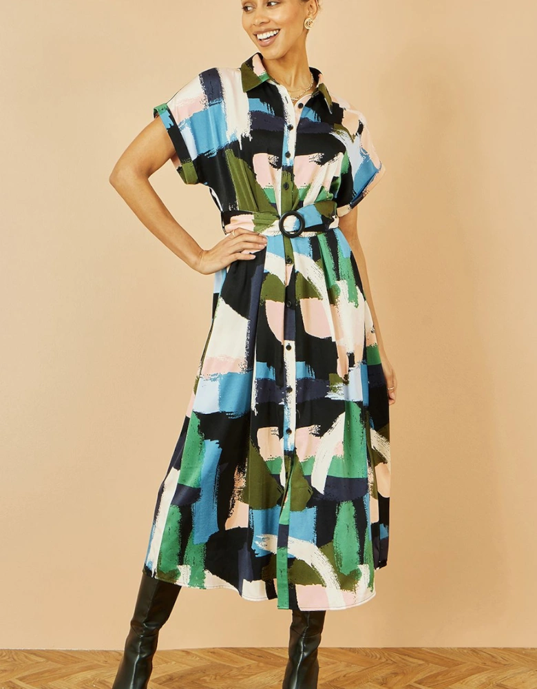 Blue Brushstroke Print Relaxed Midi shirt Dress