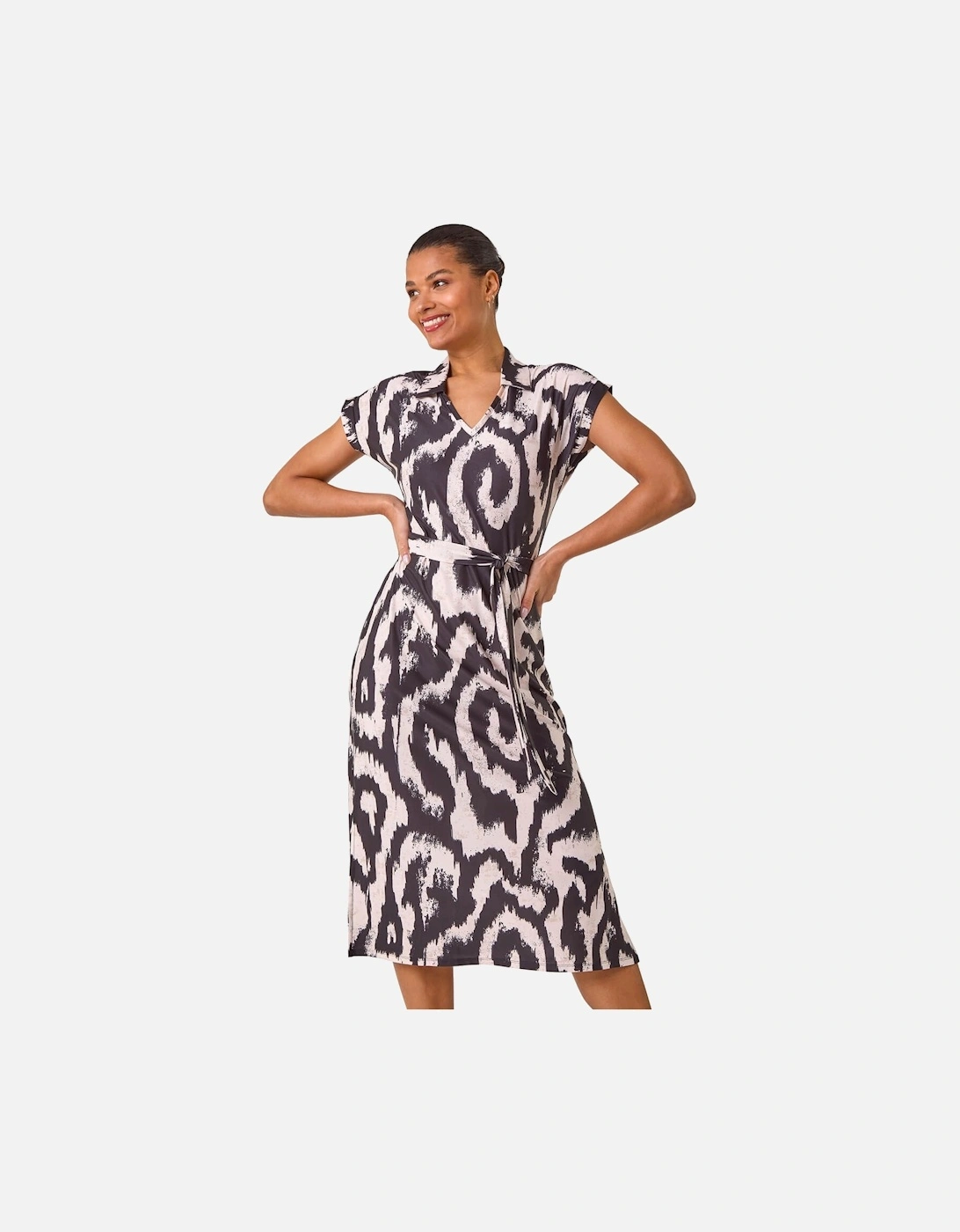 Abstract Print Belted Stretch Midi Dress, 2 of 1