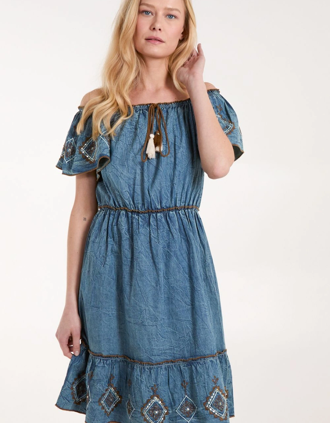 Denim Embroidered Tiered Dress, 2 of 1