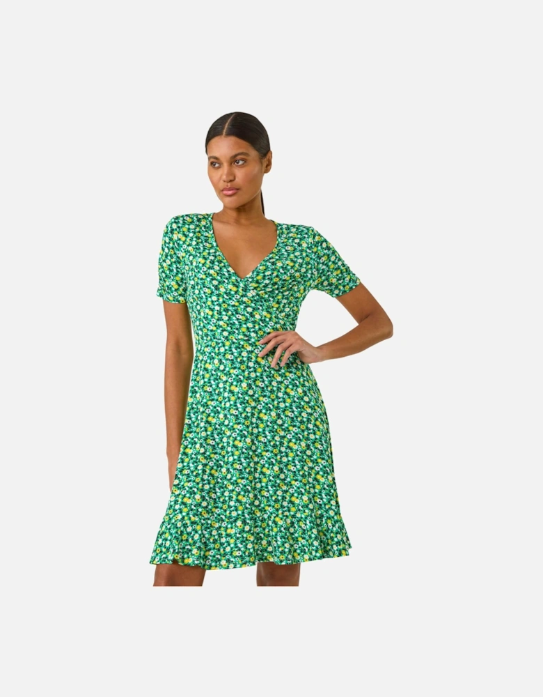 Ditsy Floral Wrap Frill Stretch Dress