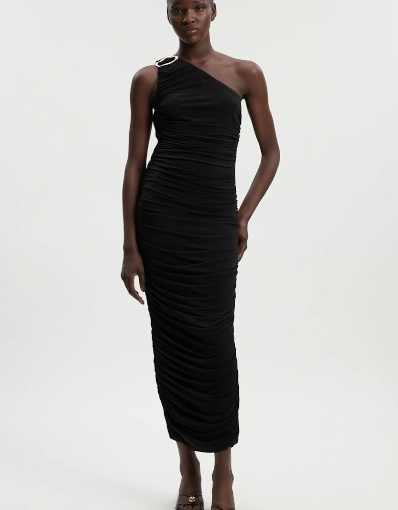 One Shoulder Drapey Crepe Trim Detail Ruched Maxi Dress