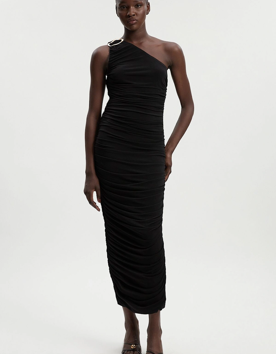 One Shoulder Drapey Crepe Trim Detail Ruched Maxi Dress, 2 of 1