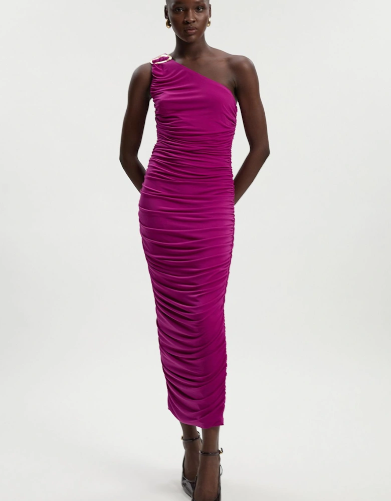 One Shoulder Drapey Crepe Trim Detail Ruched Maxi Dress