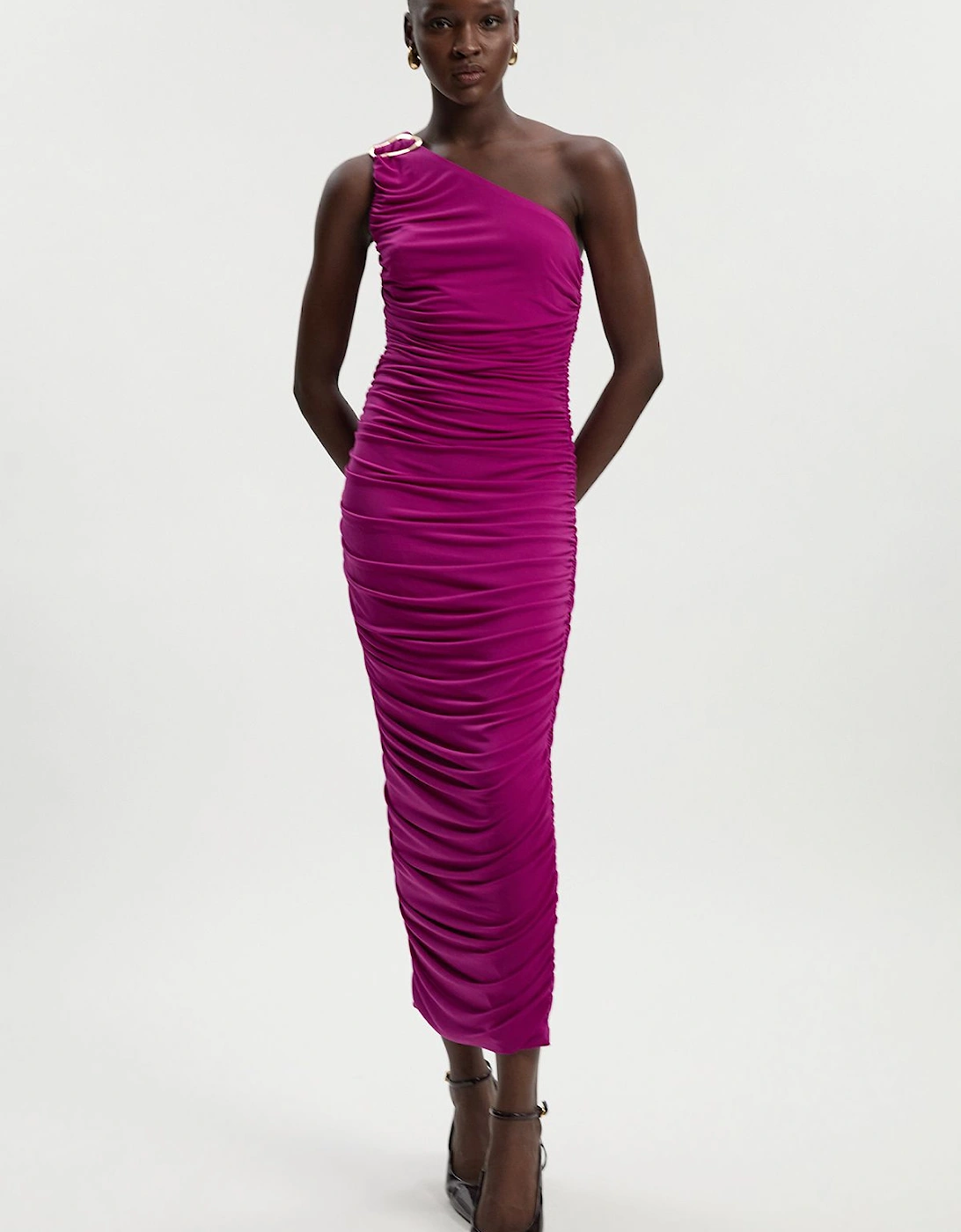 One Shoulder Drapey Crepe Trim Detail Ruched Maxi Dress, 2 of 1